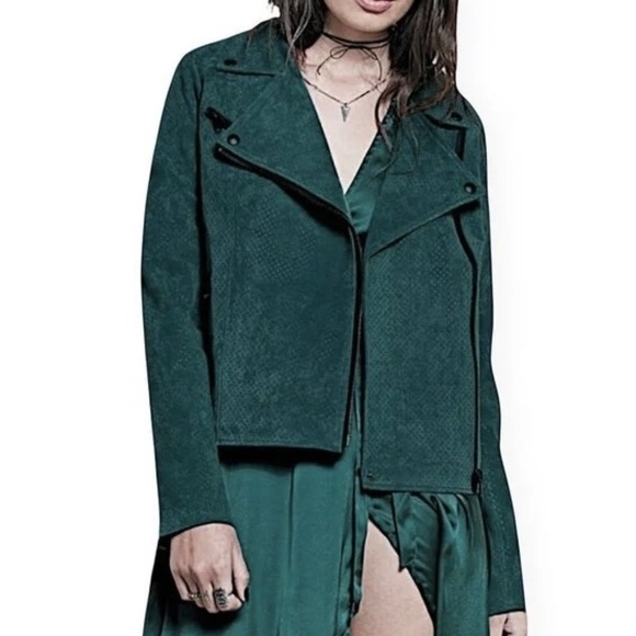 Volcom STONE ROW Suede Motorin’ Moto Jacket Green Floral Lining Motorcycle Small - Picture 5 of 14